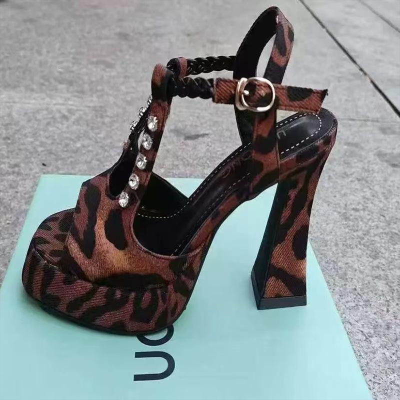 Fashion Women Leopard High Heels Sandals Crystal Sexy Shoes Summer Dress Elegant Pumps Woman Slippers 2025 New Trend Sandalias De Mujer
