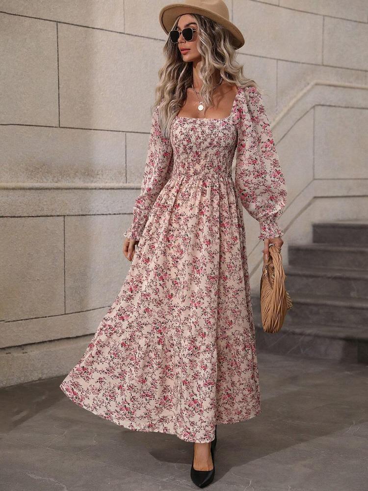Elegant Floral Print Summer Dress for Women A Line Square Neck Long Sleeve Maxi Dress with Ruffle Hem