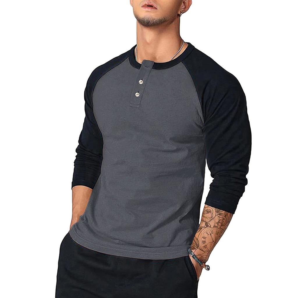 Men's Casual Button-neck Two-tone Shoulder Long Sleeve Top