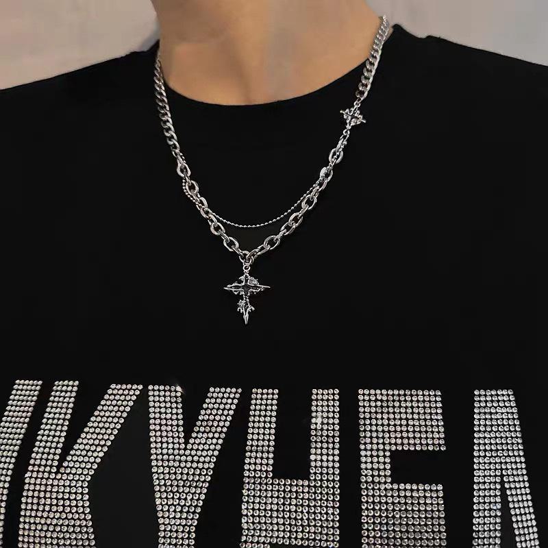 Men's Durable Titanium Steel Cuban Chain Necklace with Zircon Pendant