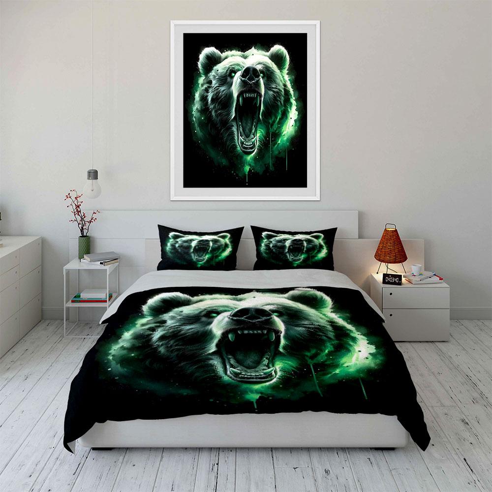 Glowing green roaring bear. Bedding sets Duvet cover sets Duvet covers Pillowcases(1*Duvet Cover 2*Pillowcases without duvet insert)