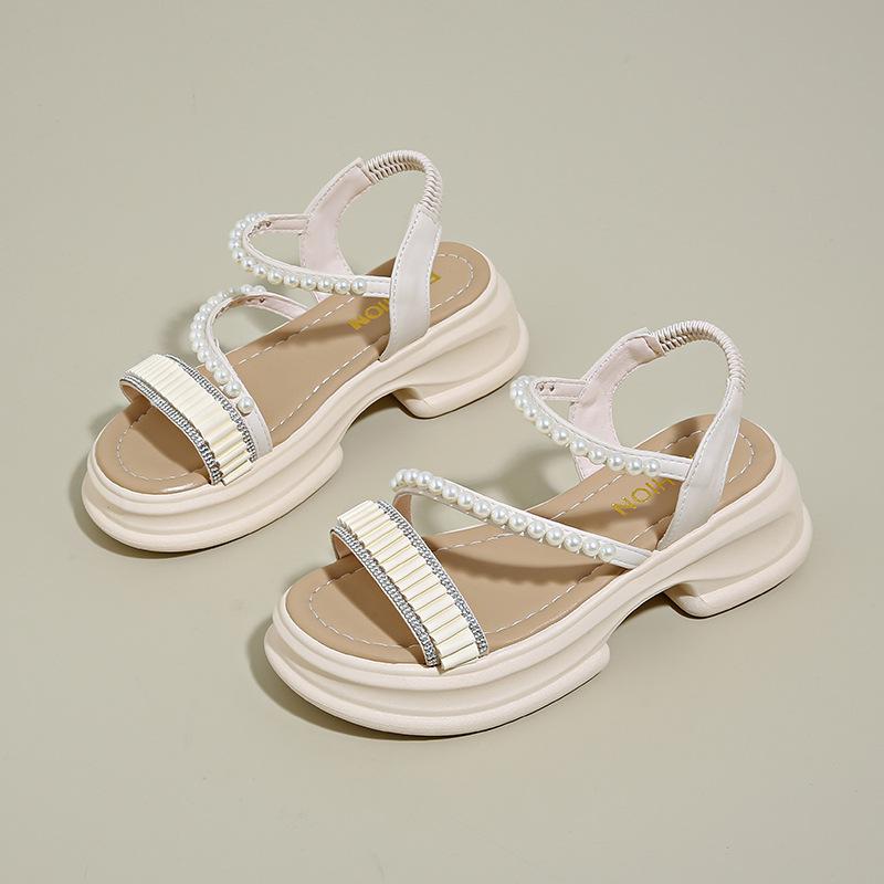Fashion fairy style sandals female 2025 thick-soled hollow one-word pearl buckle belt simple beach sandals