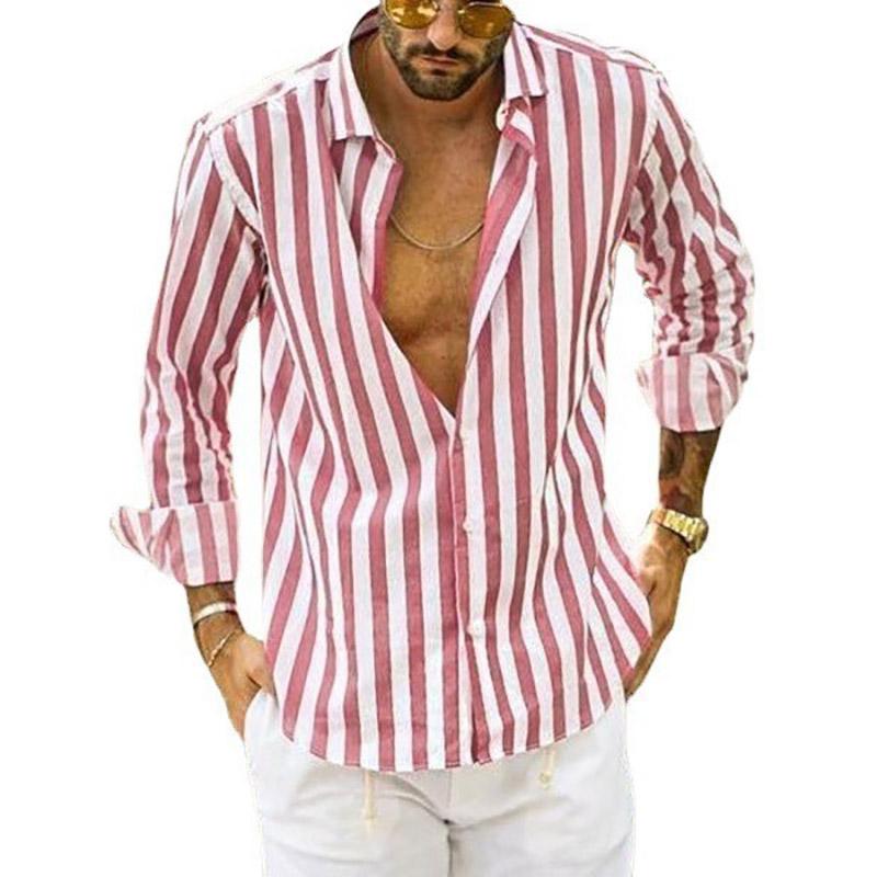 Men's Autumn Long Sleeve Striped Shirt Lapel Loose Tops Man Clothing