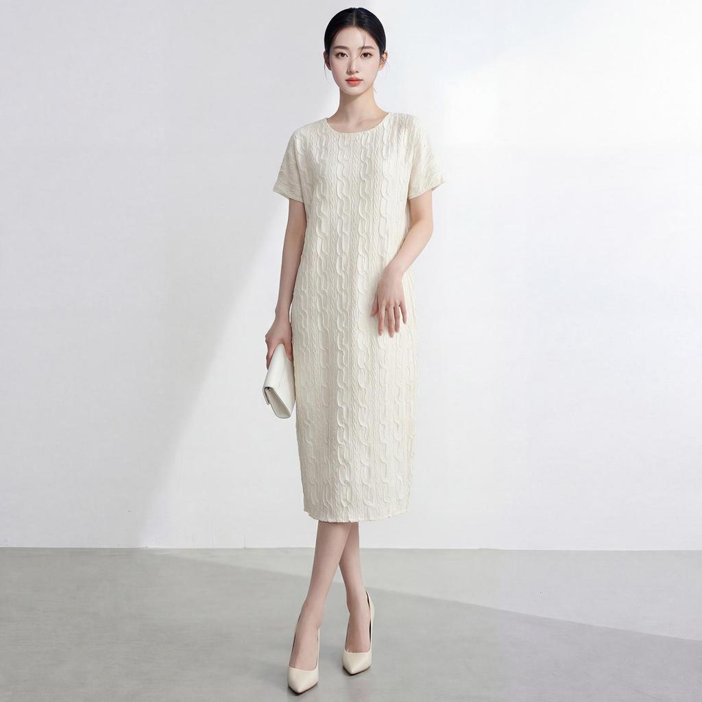 Elegant Women's Plus Size Pear Shape Summer Dress - Loose Fit, Round Neck, Short Sleeve, Slimming Miyake Style