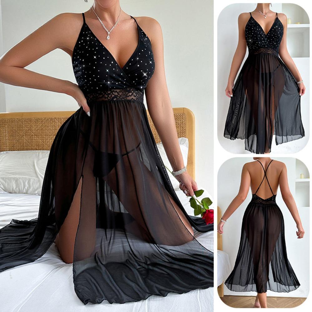 Transparent Long Shiny Suspender Nightdress Passion Mesh One-piece Pajamas