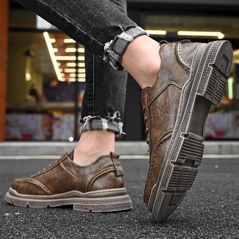 Fashion Mens Casual Leather Original Shoes Handmade Outdoor Non-Slip Men's Walking Shoes Retro Design Style Lace-up Comfy Driving Shoes