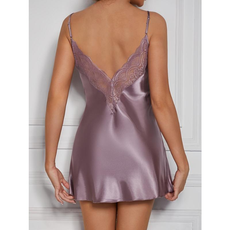 Fashion Elegant Women Pajamas Suspenders Sexy Lace Satin Dress Sexy V Neck Loose Casual Simple Solid Color Nightgown A-line Short Dresses Clothing