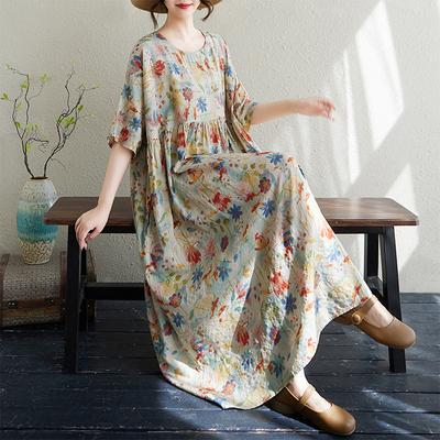 DIMANAF 2024 Übergröße Kleid Neu Sommer Basic Locker Damen O-Ausschnitt Vintage Kurzarm Große Größe Strand Langes Kleid