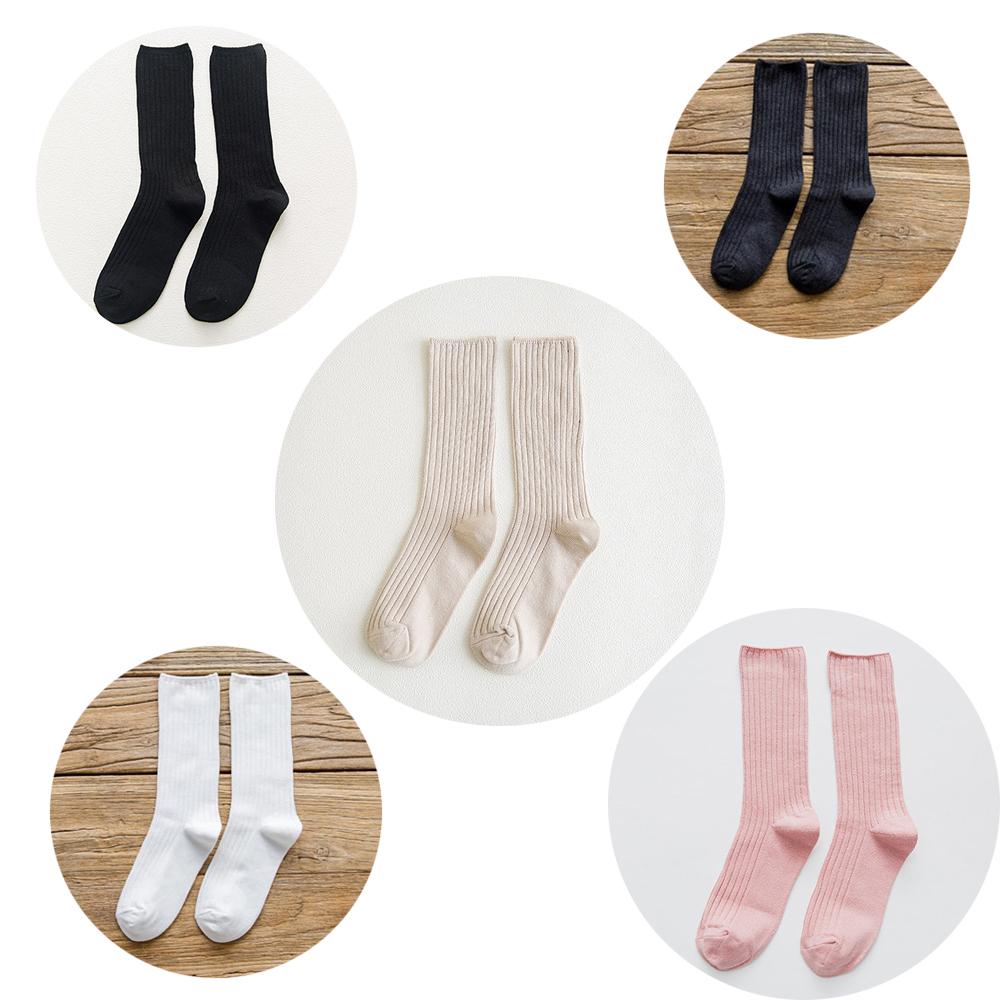 5 Pairs Solid Ribbed Crew Socks Women Mixed Color 4 Seasons Fit Loose Socks Set Daily Basic Sox