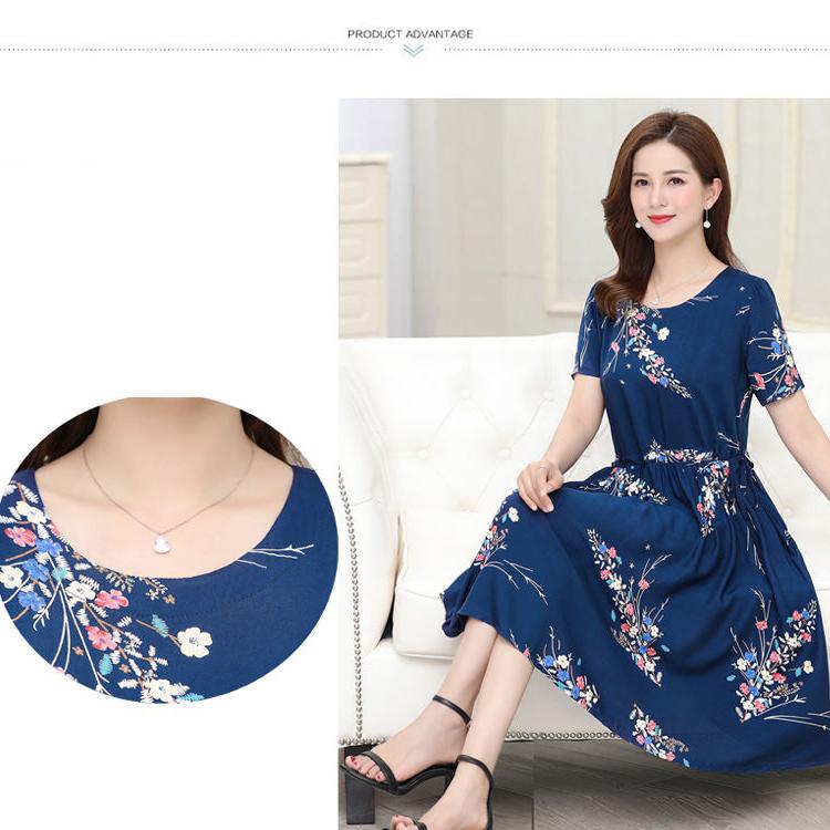 Sommerliches mittellanges, bedrucktes, florales Overknee-Kleid in Übergröße, Rundhalsausschnitt, kurze Ärmel, elastische Taille