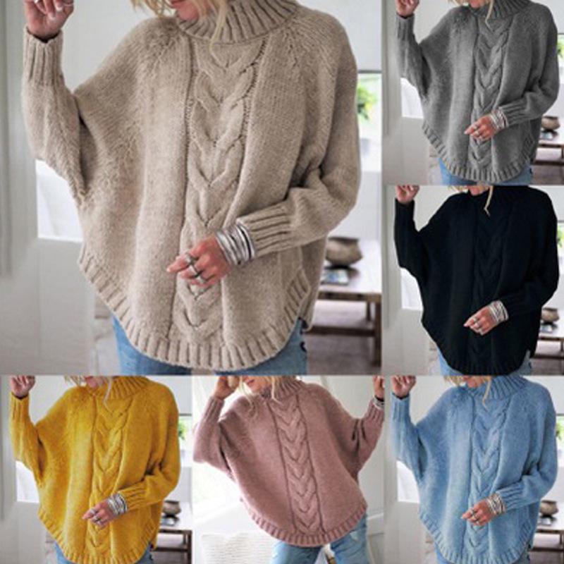 2026 Autumn/Winter Women's Loose Batwing Sleeve Half-High Collar Cable Knit Sweater