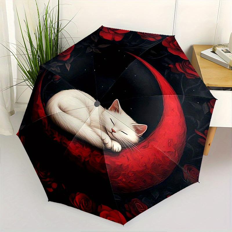 

Moon Rose Cat Automatic Folding Umbrella 8 Ribs, Durable Iron Frame, Bright Color Pattern Compact Travel Umbrella, Suitable for Outdoor, Be