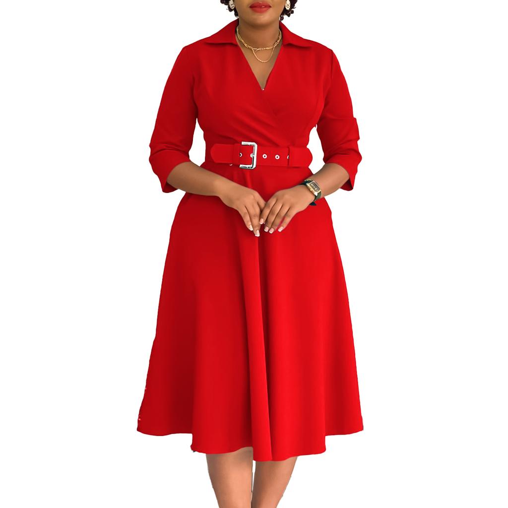 Large size women's clothing autumn new lapel fashion temperament solid color large skirt dress