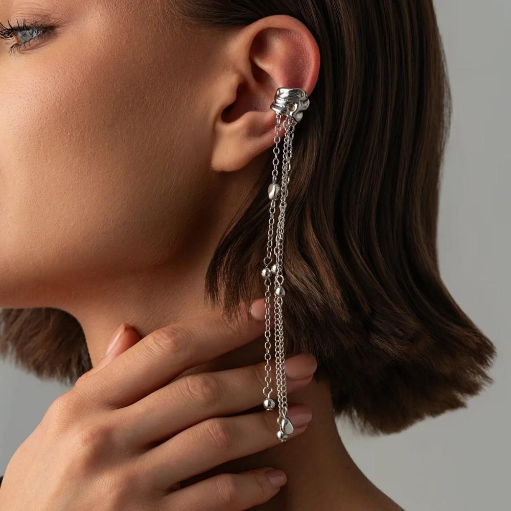 Fashion Long Metal Bead Chain Tassel Fake Piercing Clip Earrings for Women Personalized Ear Cuff Buckle Clip Trendy Jewelry Gift