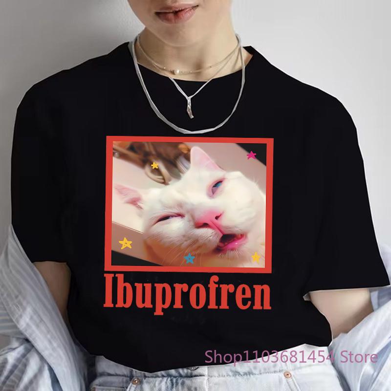 

Женская футболка с мемом про ибупрофен и кота, забавная футболка с графикой кота, милая футболка для любительниц кошек, повседневные забавные футболки, женская футболка 4XL