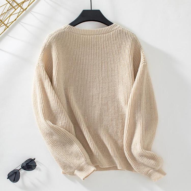 Autumn Winter Vintage Loose Knitwear Sweater Long Sleeve Solid Color Pullover O Neck Top
