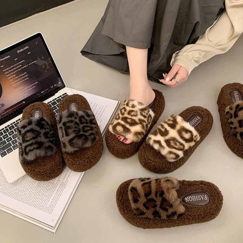 Internet Celebrity Mao Mao Slippers Women Wear 2025 New Autumn and Winter Thick Bottom Home Cotton Slippers Leopard Print Retro Versatile Word