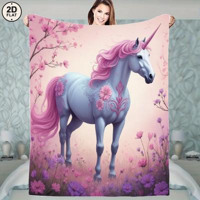 1ks Měkká a útulná flanelová deka - Zasněný jednorožec Květinová fantasy design s růžovými a fialovými květy, světle modrým jednorožcem a pastelovými f