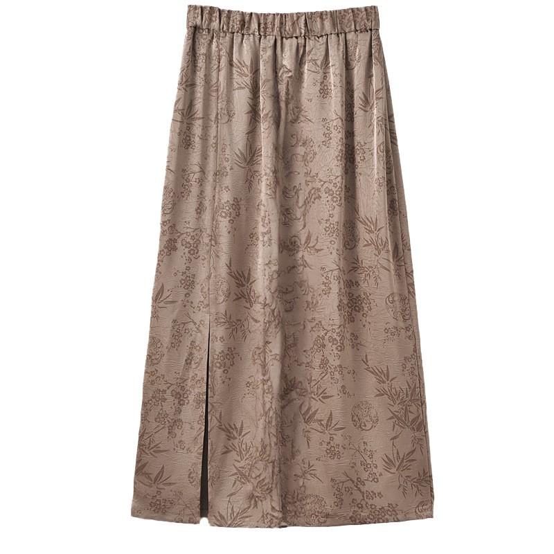 Johnature Women Vintage Jacquard A-Line Skirts Elastic Waist Spring Casual Soft Women Skirts