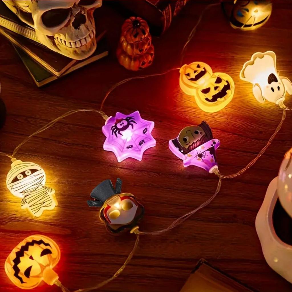 1PC Halloween 8 Elements LED String Lamp Battery Powered Horror Atmosphere Lighting With Ghost Witch Cat Pumpkin Spider Skeleton