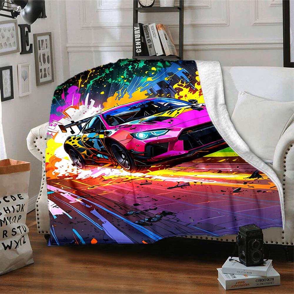 1PC Racing Car, Urban Art Blanket Soft Warm All Season Throw for Sofa, Bed, Car, Office Vibrant Colorful Design, Durable & Cozy Gift