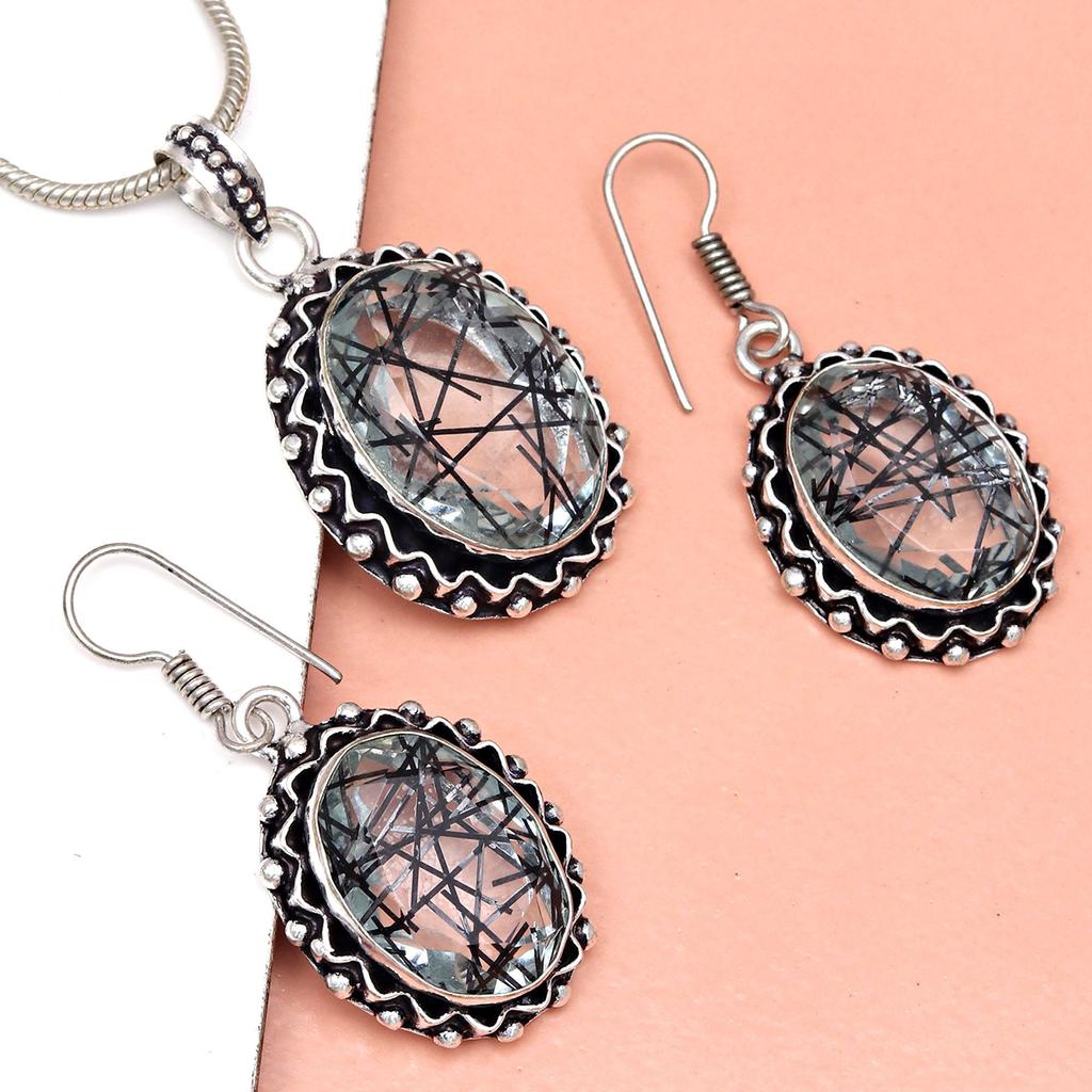 Black Rutile Set  Pendant  Jewelry Earring 18-20'' Gemstone Handmade