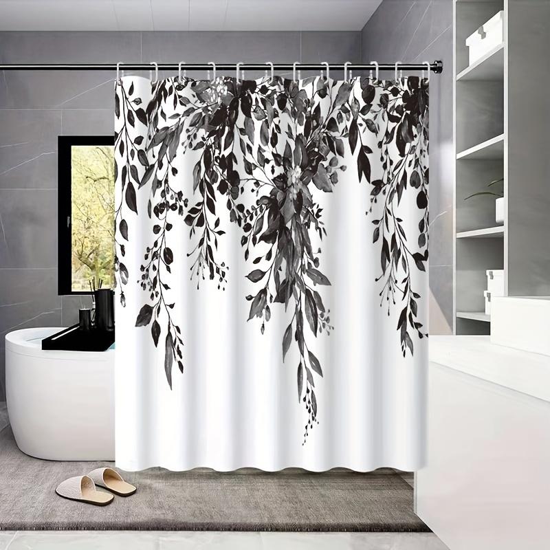 1 Black Leaf Pattern Polyester Shower Curtain - Machine Washable, All Seasons Fabric, Suitable for Bathroom Decoration