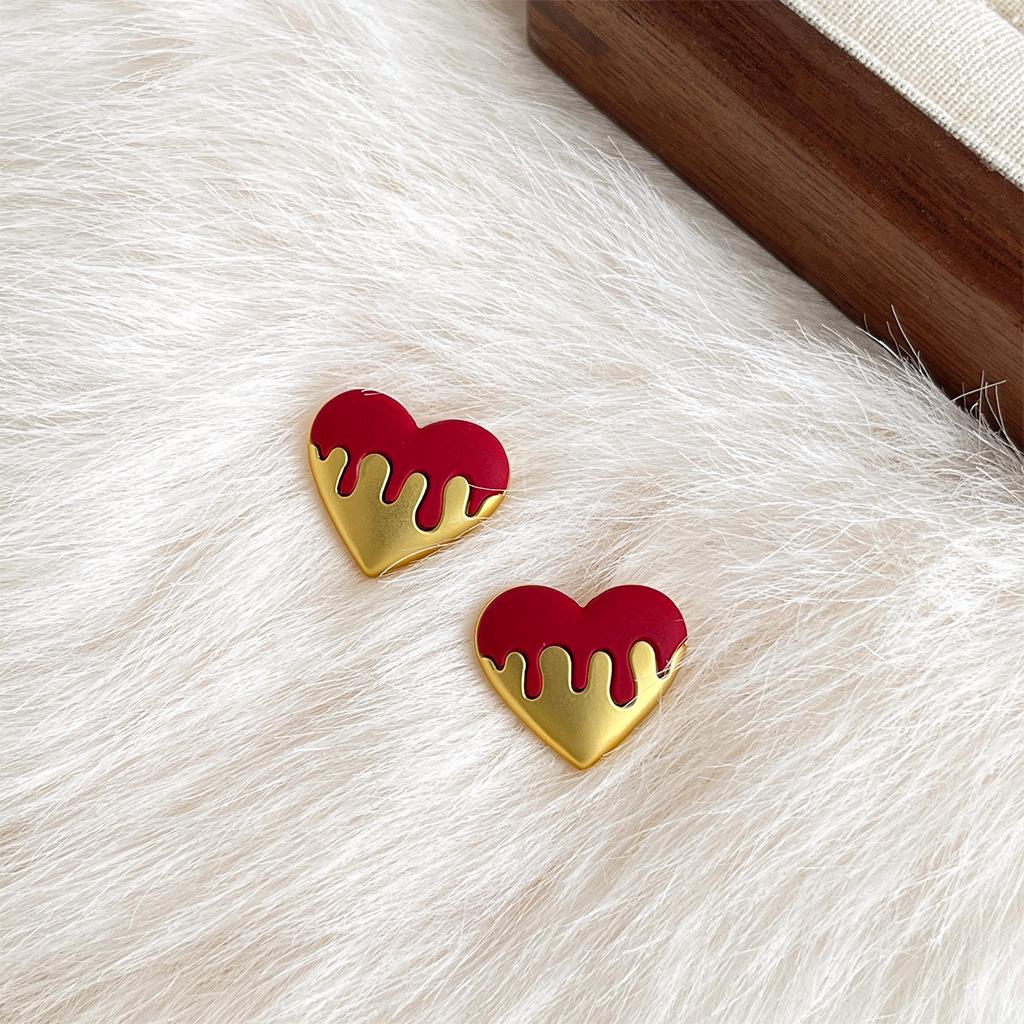 French Vintage Red Geometric Earrings: Retro Style, High-End Luxury Drip Glaze, Unique Niche Design