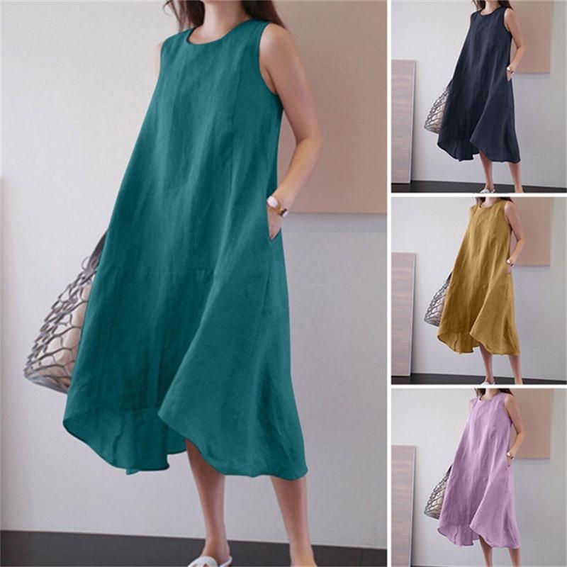 Summer O Neck Dress Sleeveless Plus Size Loose Solid Color Long Style Vest Cotton Linen Dresses Women