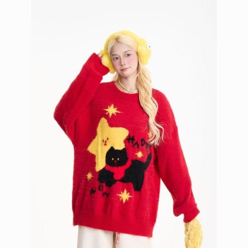 

Ladies Cute Star Cat Sweater American Retro Loose Knitted Top Autumn Versatile Fashionable Women s Pullover Sweater XL червоний