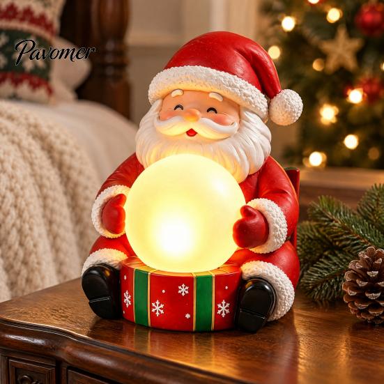 Santa Claus Figurine with Light Up Figurine, Christmas Statue Holding Glowing Crystal Ball, Warm Holiday Atmosphere Lighting Night Light, Tabletop