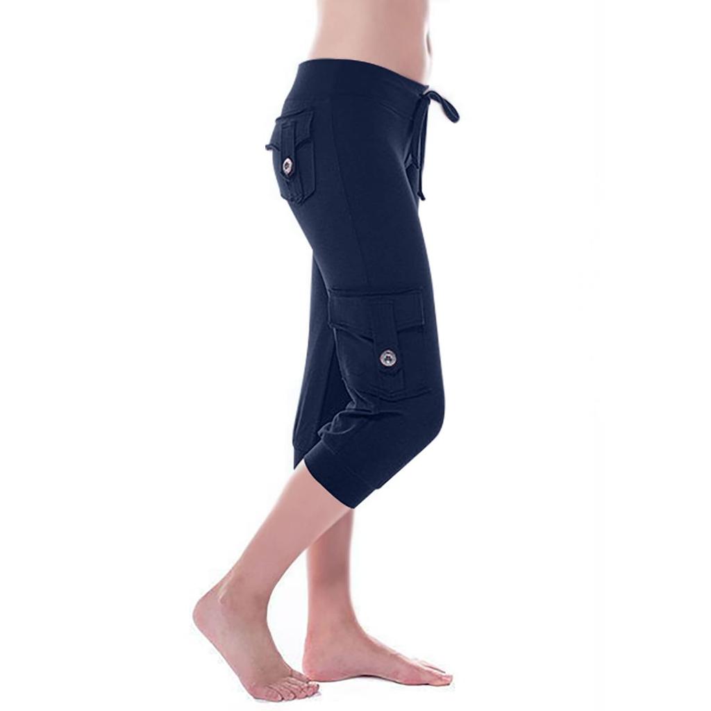 Women's Stretch-Waist Button-up Multi-Pocket Yoga Cropped Pants