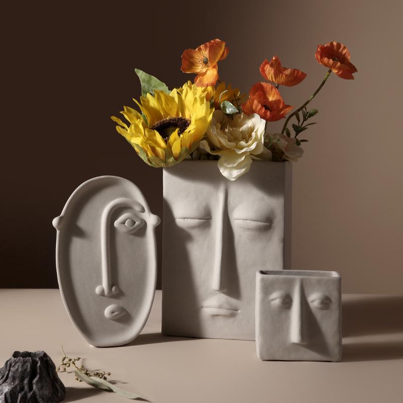 Retro Wabi-Sabi Clay Ceramic Face Sculpture Vase for Home Decoration