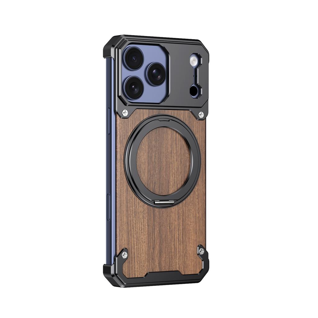 Luxury Metal Alloy Frame Wood Frameless Phone Case For iPhone 17 pro max 16 15 Pro Max Magsafe Magnet 360 Rotating Bracket Cover