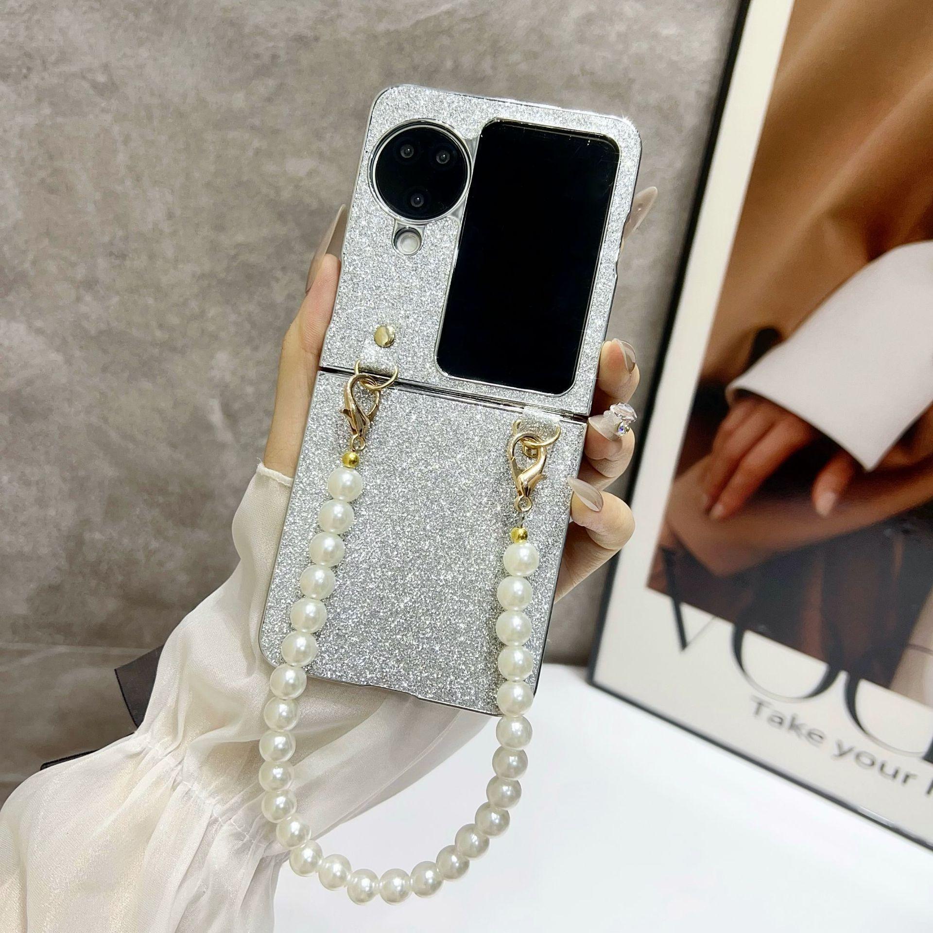 

Glitter Powder Pearl Wristband Suitable Oppofindn3flip Phone Case Folding N2 Electroplating Simple Protective Cover Samsung w23 Flip