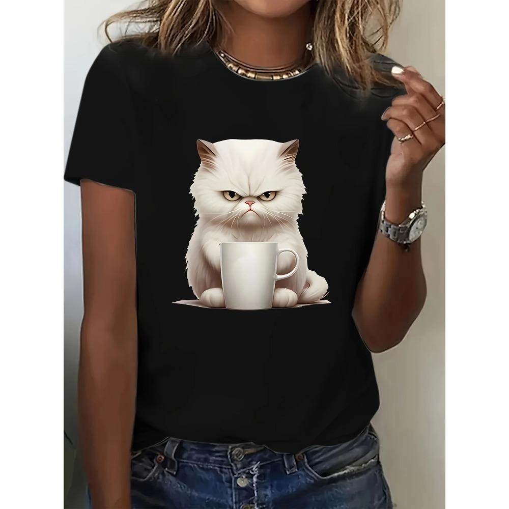 

Angry kitten print round neck T-shirt casual short sleeved T-shirt 5XL