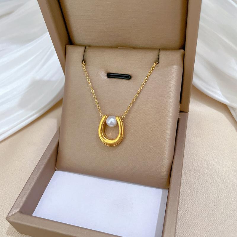 U-Shaped Pearl Personalized Minimalist Wind Stove Real Gold Necklace Female Collarbone Chain