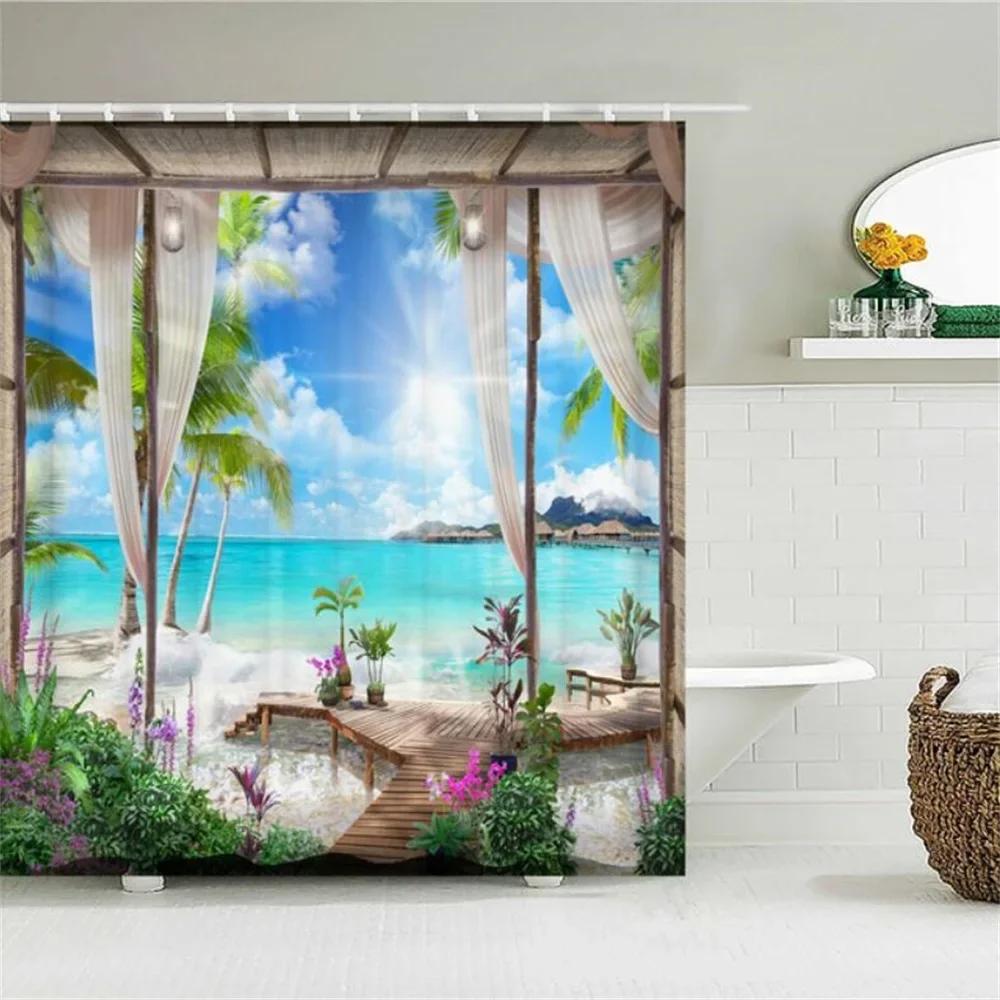 Home Wall Decor European Building Garden Patio Landscape Shower Curtains Bathroom Curtain Waterproof Bath Curtains for Bathroom