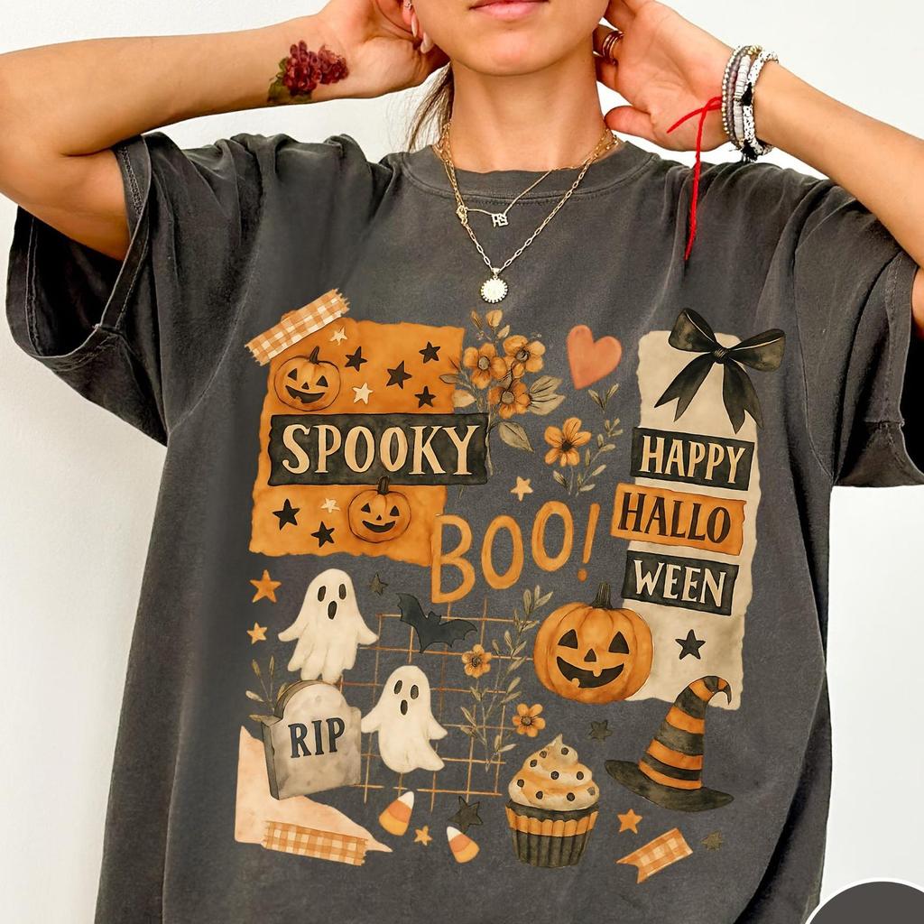Halloween Collage Comfort Colors® Shirt, Retro Halloween T-Shirt, Vintage Oversized Halloween Aesthetic Tee, Women's Halloween Graphic Tee