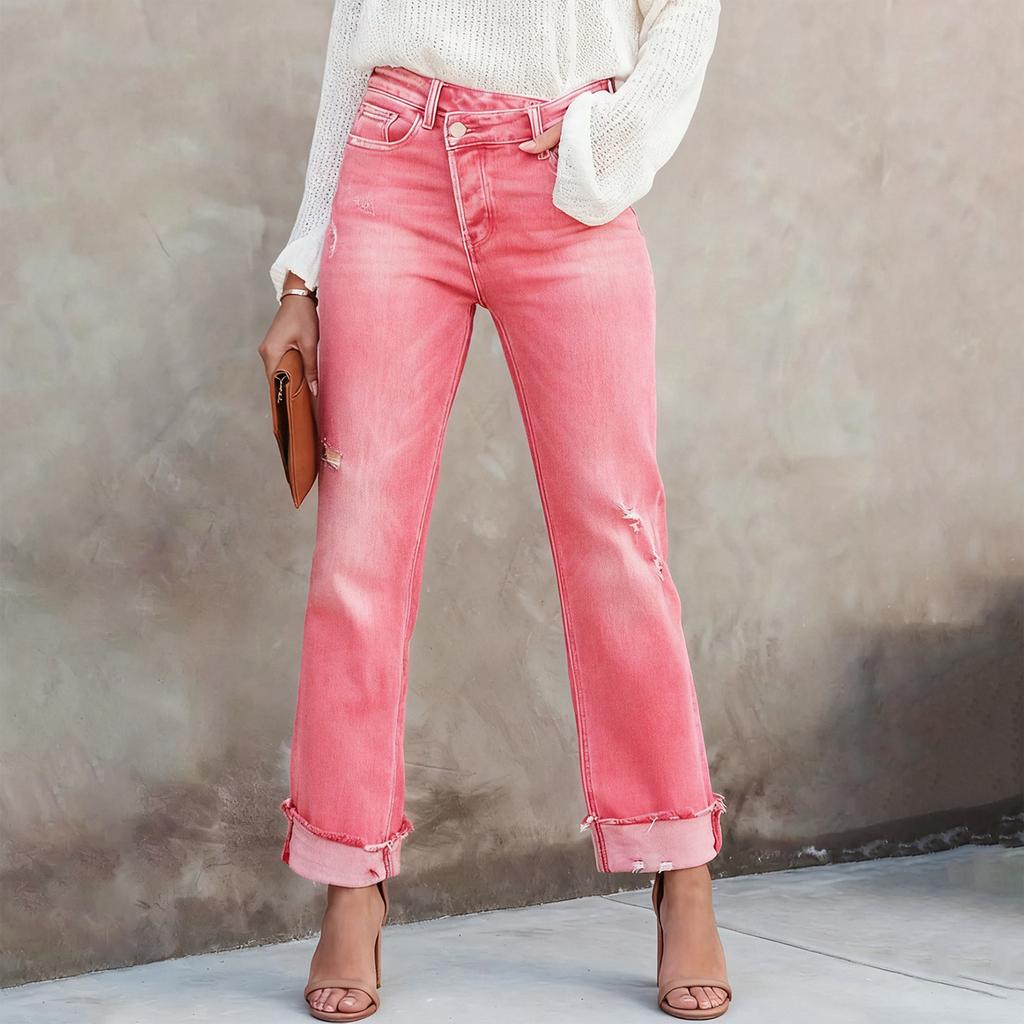 Ladies' Color Casual Versatile Mid Waist Straight Leg Denim Straight Leg Jeans With Fringed Edges