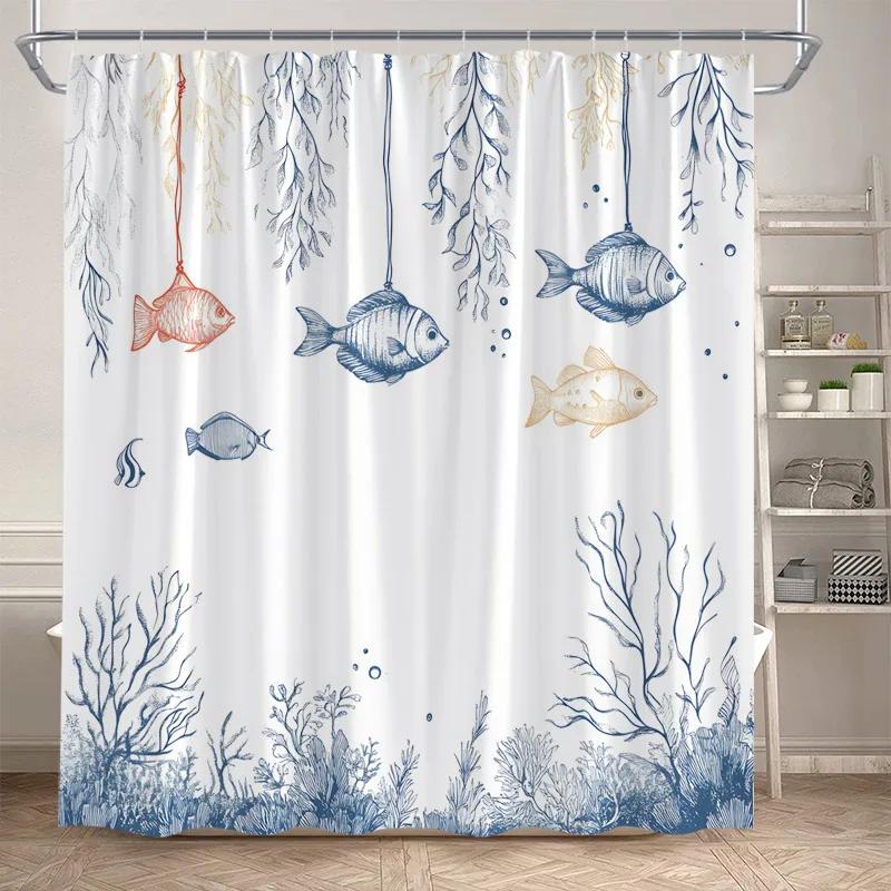 Ocean Fish Shower Curtains Watercolour Coral Sea Animals Kids Bath Curtain Polyester Cloth Modern Home Bathroom Decor with Hooks