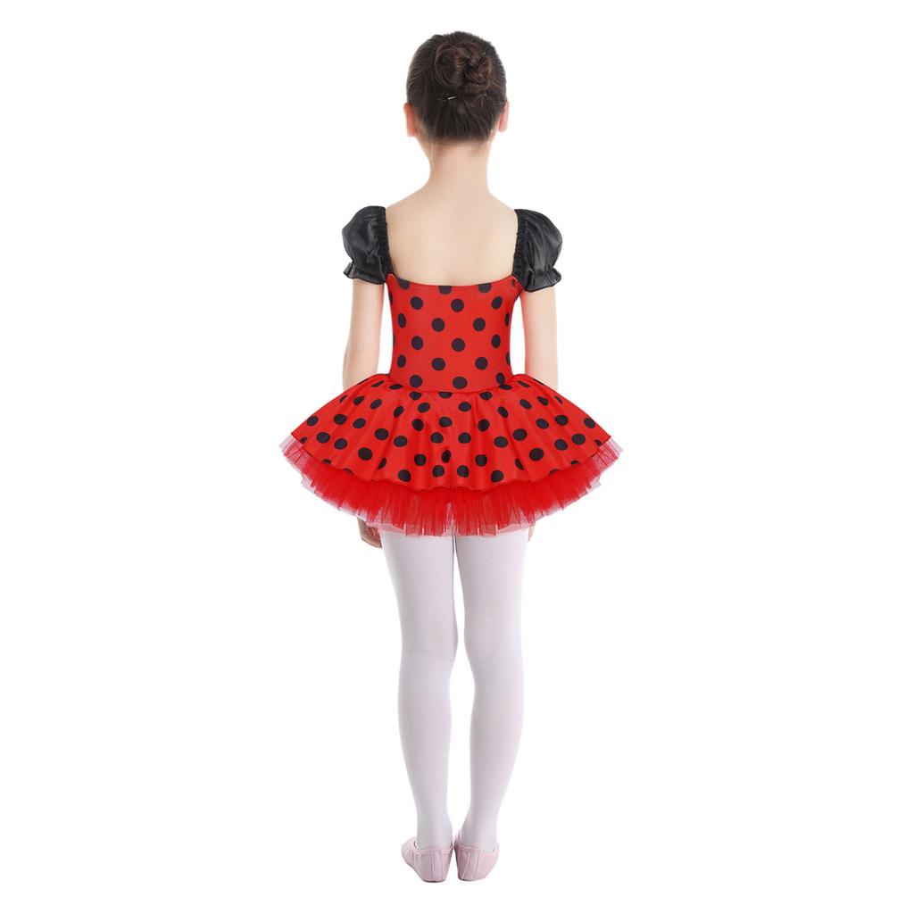 Girls Ballet Tutu Dress Short Puff Sleeve Shiny Sequins Color Block Dots Performance Costume for Recitals
