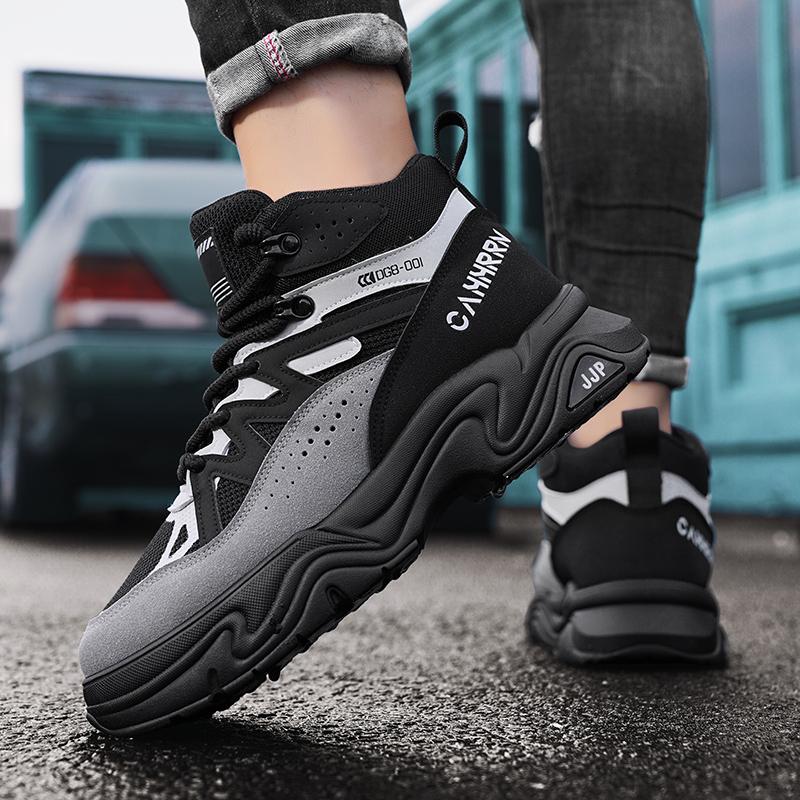 Fashion Boots for Men Outdoor Hiking Shoes Platform Sneakers Mid Top Lace Up Walking Shoes Thick Soled Anti Slip Casual Men Shoe