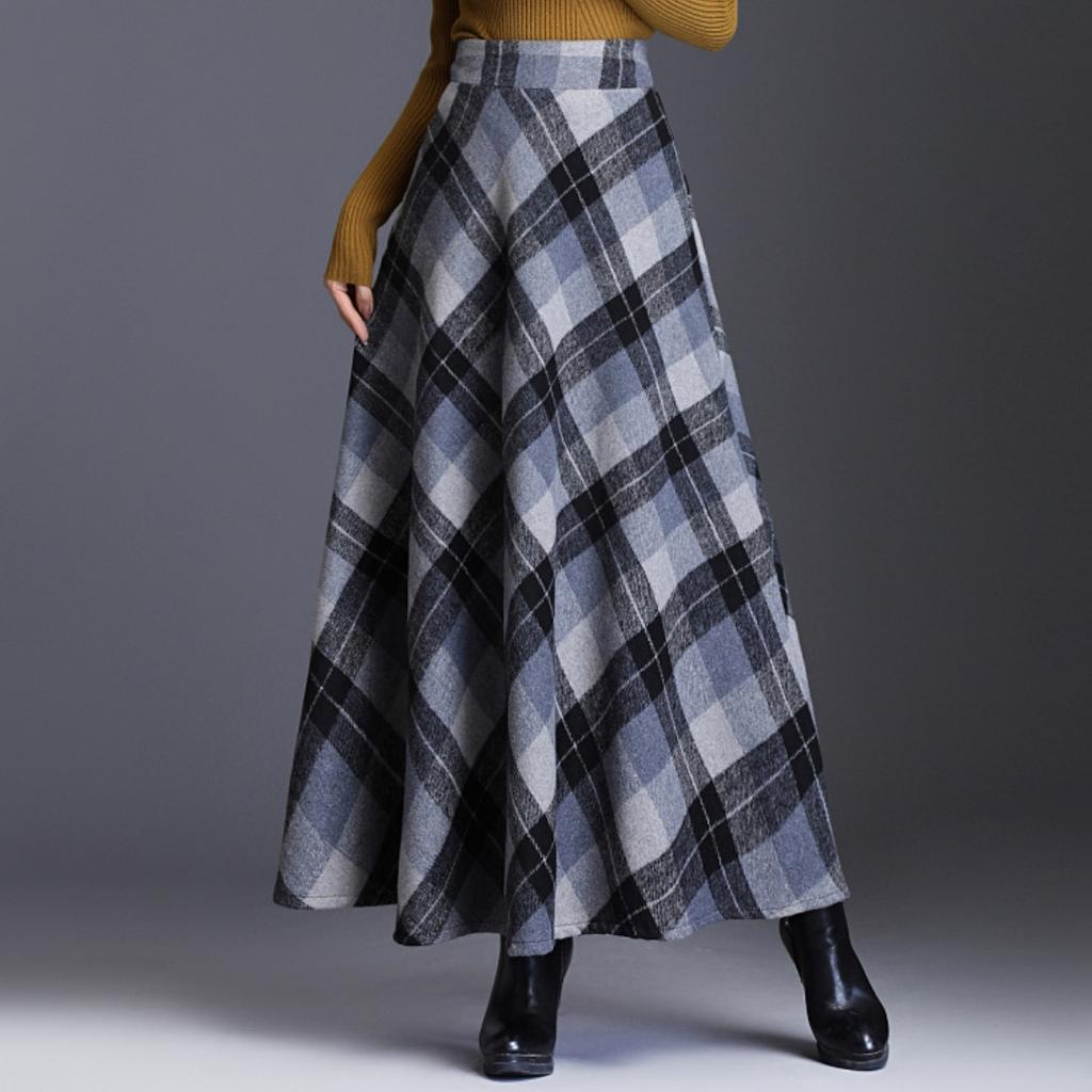 Tooxika – Neuer, übergroßer Woll-Halbrock für Damen mit hoch tailliertem, kontrastierendem, kariertem Saum