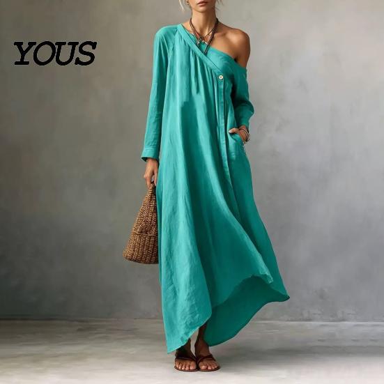 Retro Style Dress Summer Maxi for Women, Casual Loose One Shoulder Long Everyday Wear Sleeve Dress, Flowy Beach Vacation Sundress wwith Pockets Simple