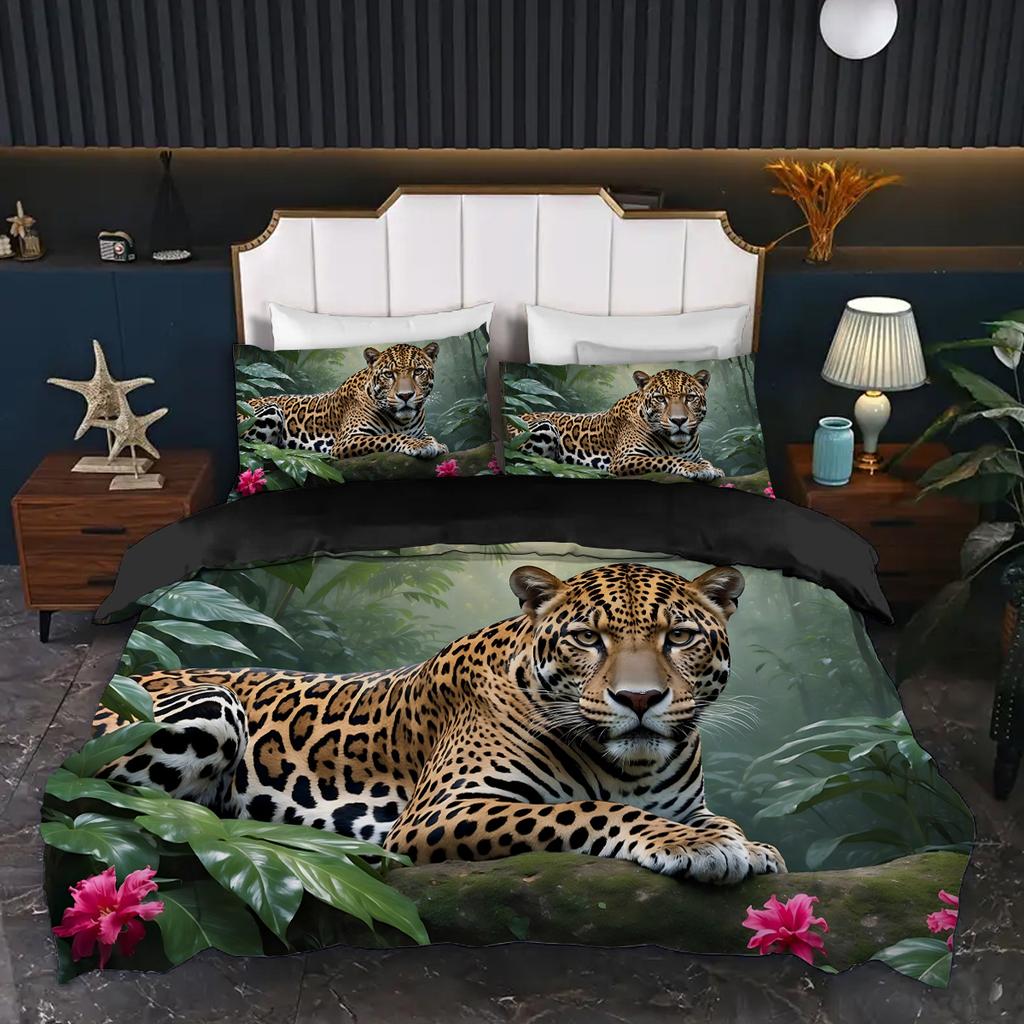 Leopard Flower Pattern Polyester 3D Printed Quilt Cover Comfortable Bedding Cover Luxury Animal Theme Duvet Cover Set Pillowcase