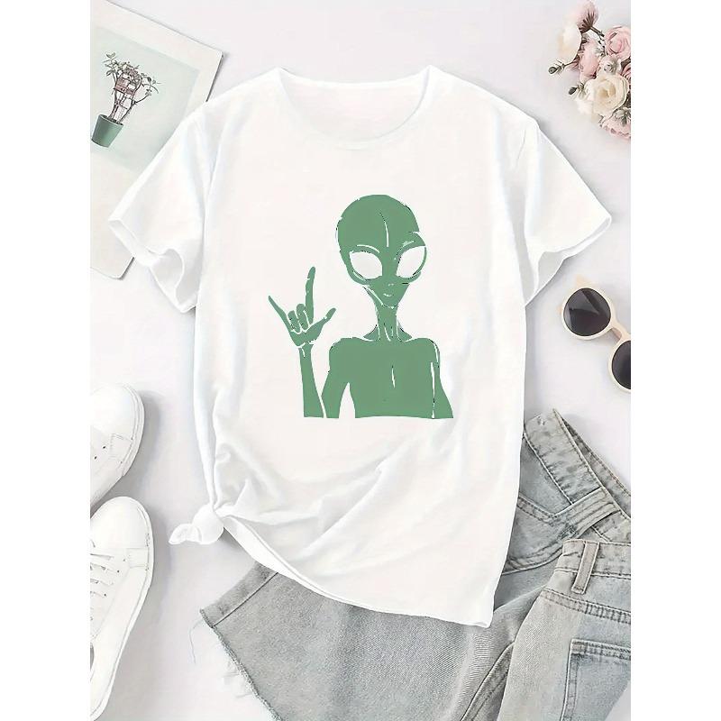European Sizes Creative Cartoon Alien Pattern Printed Women'S Trendy Short-Sleeve T-Shirt, Simple Casual Sports Tee, Comfortable Summer Top