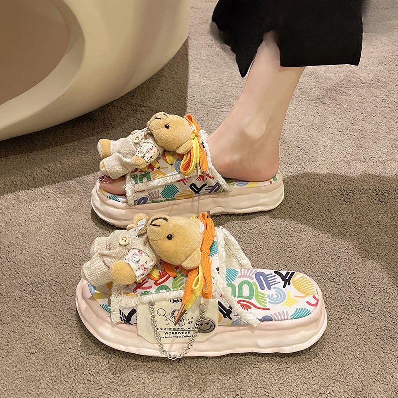 Fashion Women Sandals Cute Bear Platform Slippers Women Wear Seaside Beach Shoes New Summer Canvas Half-drag Women Shoes Sandalias Mujer