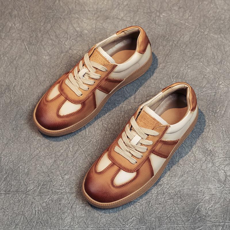 

Первый слой коровьей кожи немецкие тренировочные туфли женские весна 2025 новые кожаные ретро плоские повседневные одинарные туфли женские кеды 40