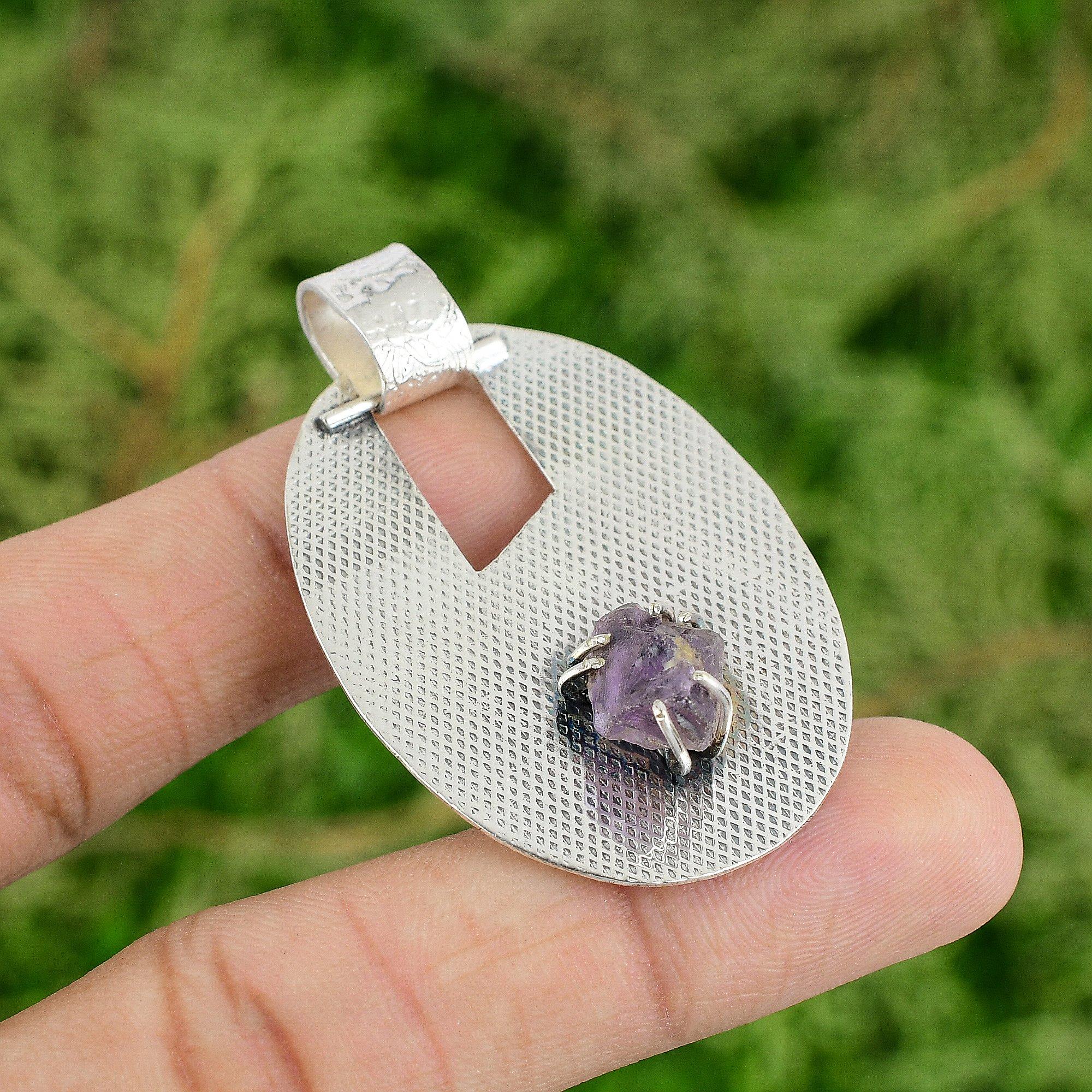 

925 Sterling Silver African Amethyst Rough Gemstone Anniversary Bezel Pendant